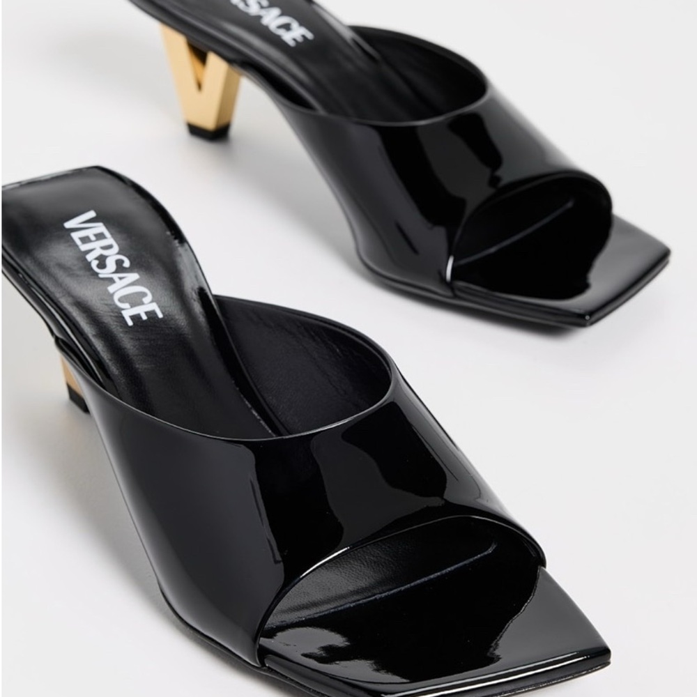 Versace Black Patent Leather Mule with Gold Accents Heel. Size 7